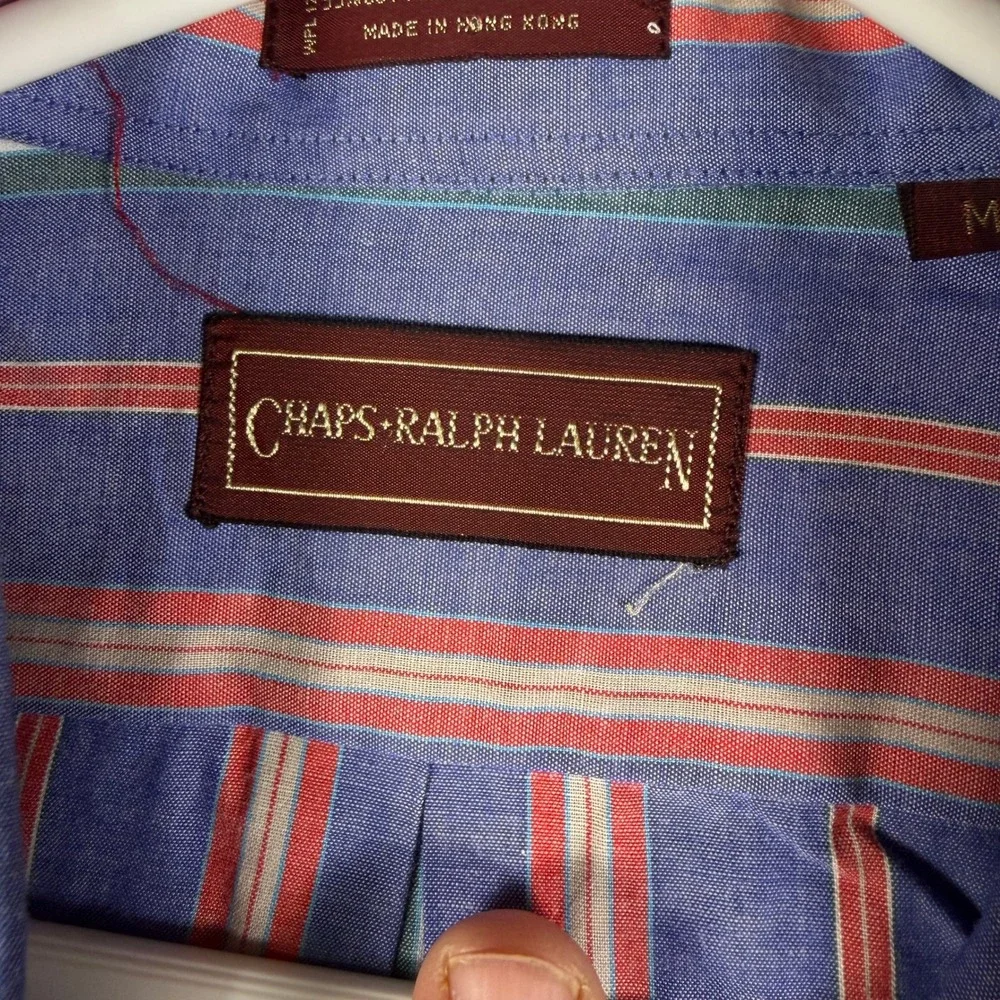 Chaps Ralph Lauren Mens M Striped Button Down Blue Red Green Vintage Long Sl